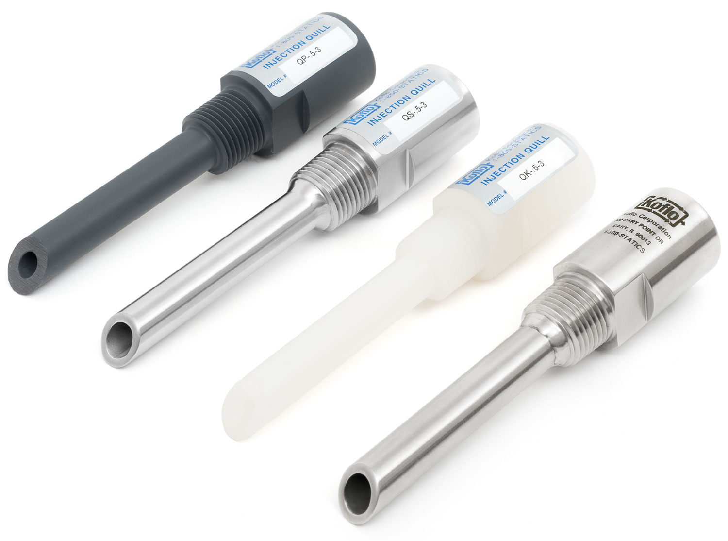 Koflo line of chemical injection quills: PVC, Stainless Steel, Kynar®, and Hastelloy® injection quills