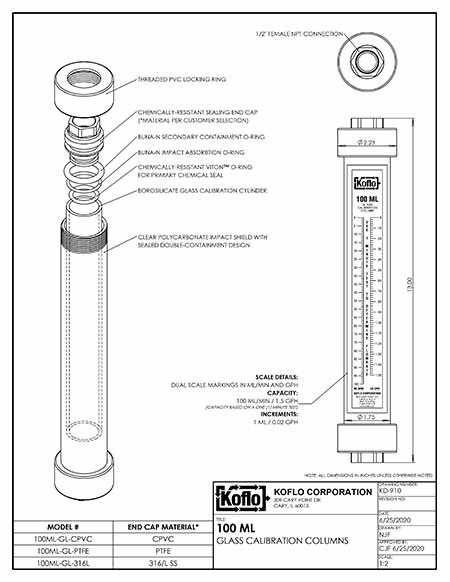 Calibration columns with fixed top caps technical drawing