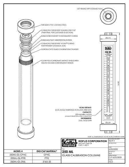 Calibration columns with fixed top caps technical drawing