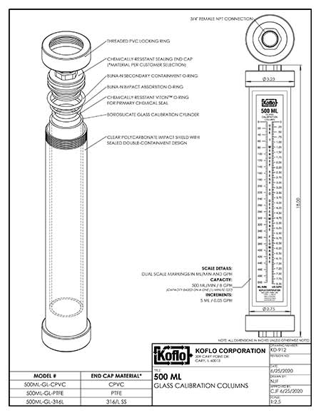Calibration columns with fixed top caps technical drawing