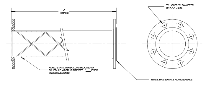 Low Pressure Loss Design Flange Mounted Steel / Alloy Static Mixer with FNPT Injection Port
