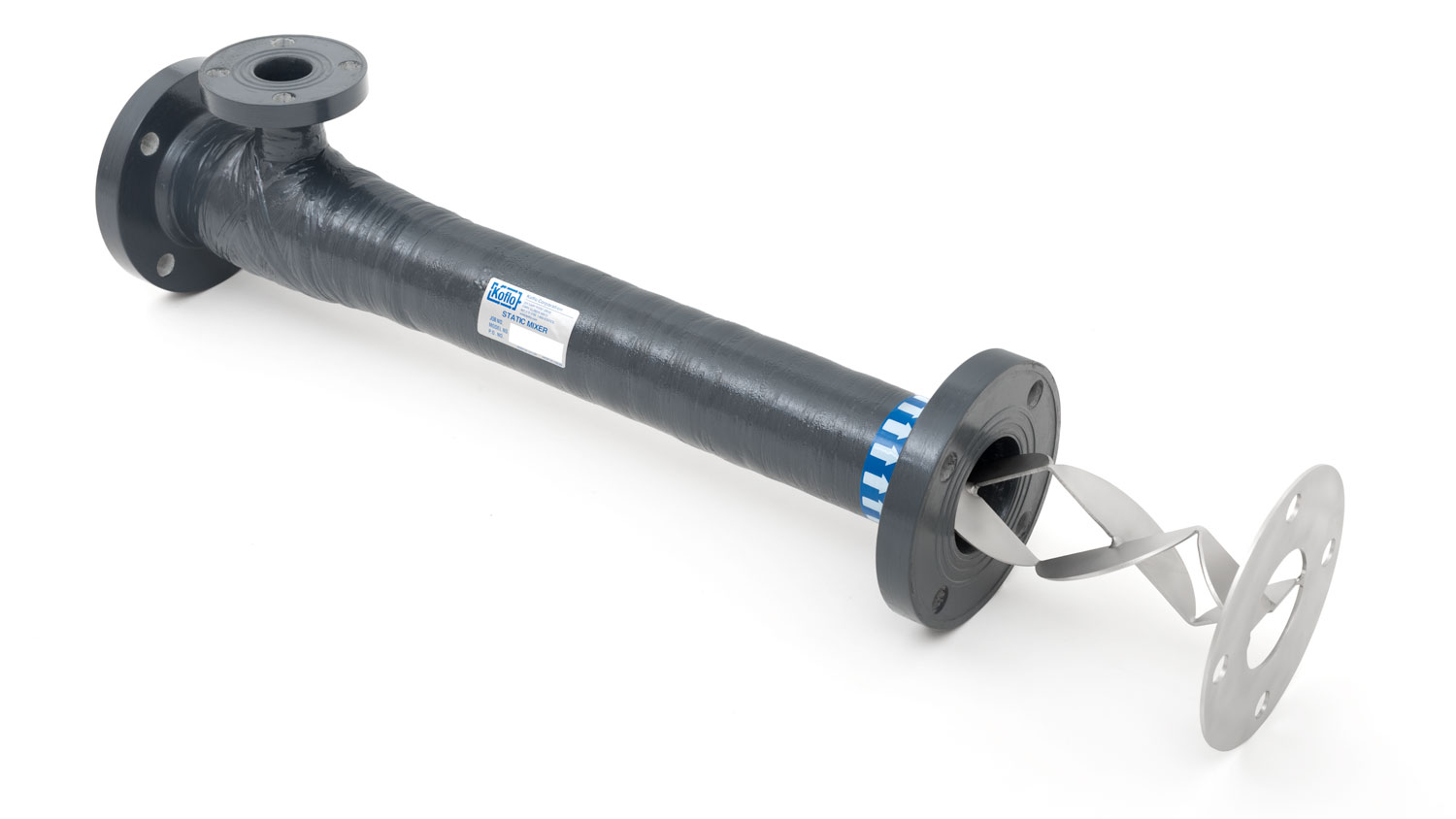 Fiberglass static mixer with removable steel mixing elements and element retaining disc