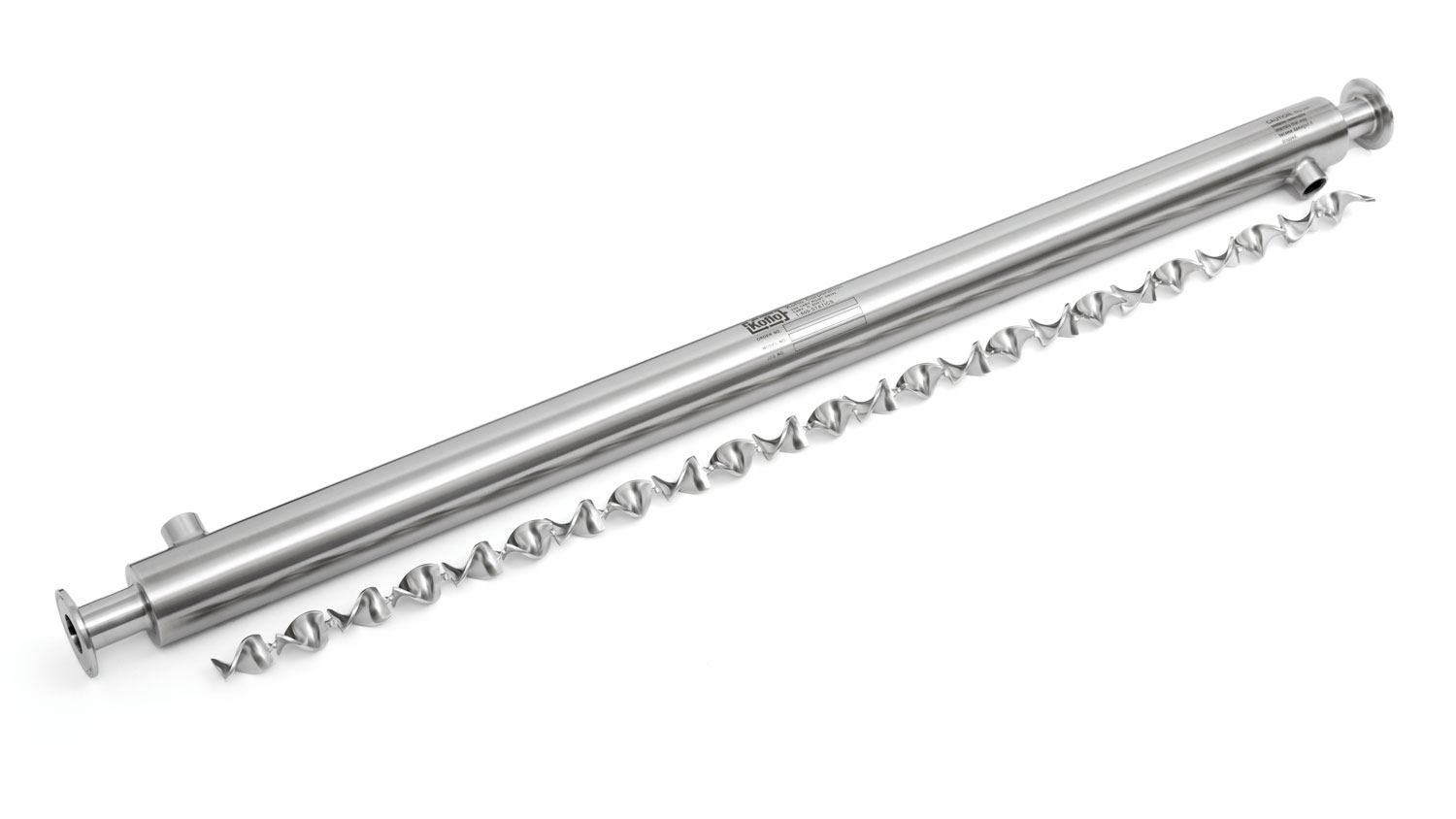 Stainless steel static mixer with heating / cooling jacket and removable helical mixing elements