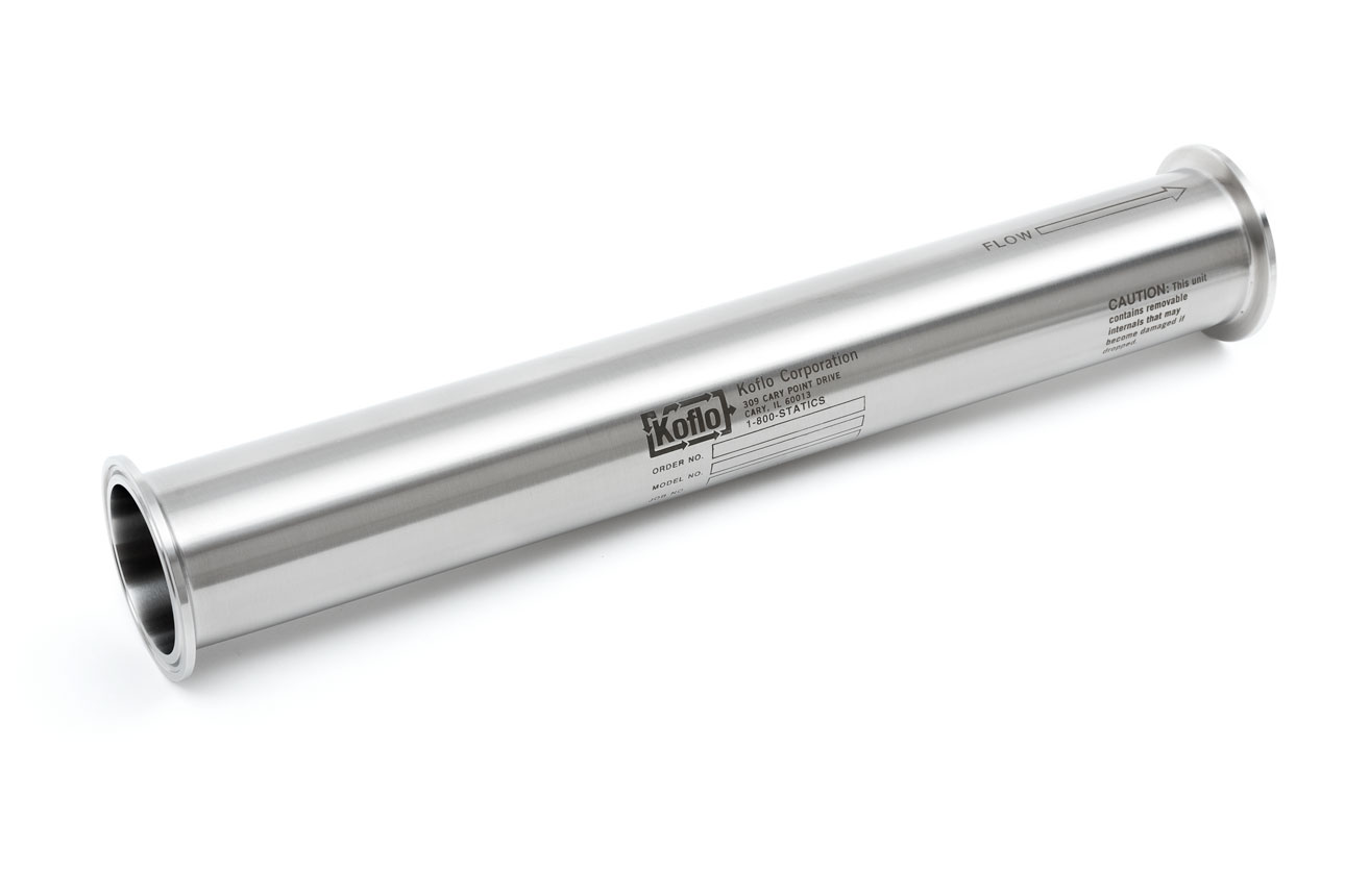 Stainless steel static mixer with sanitary-style Tri-Clamp® ends