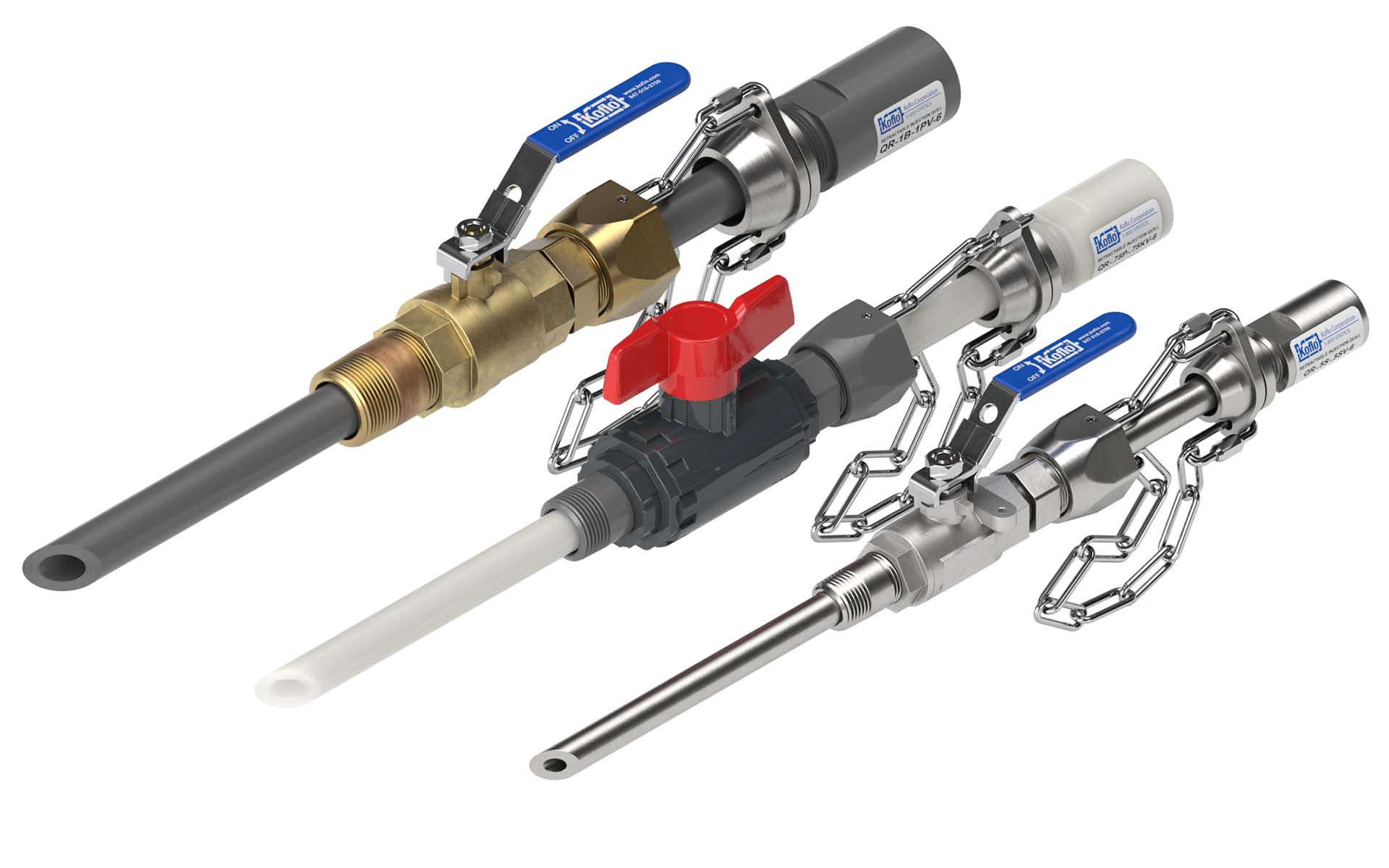 Koflo line of chemical injection quills: PVC, Stainless Steel, Kynar®, and Hastelloy® injection quills